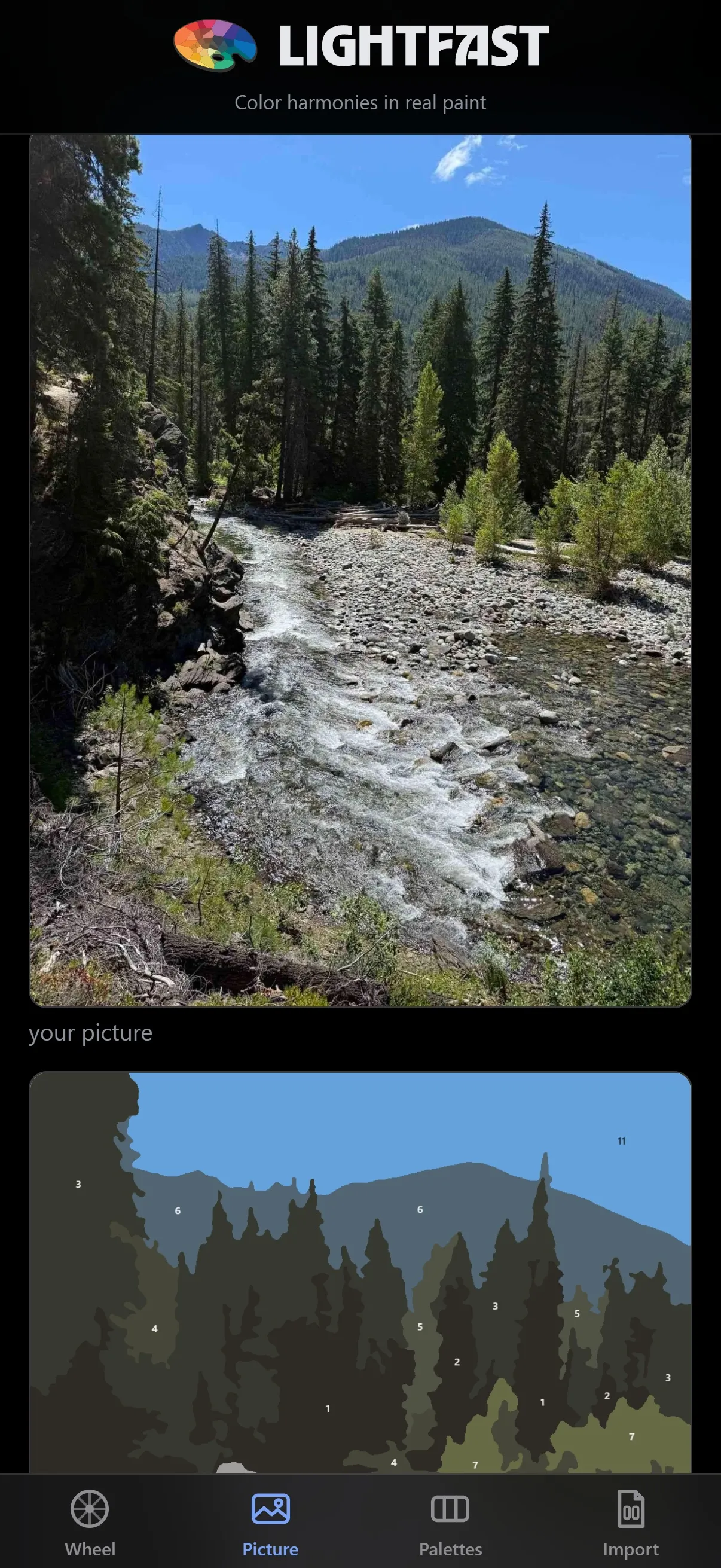 A river photo turned into a numbered paint map
